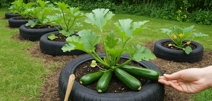 plantes dans des pneus