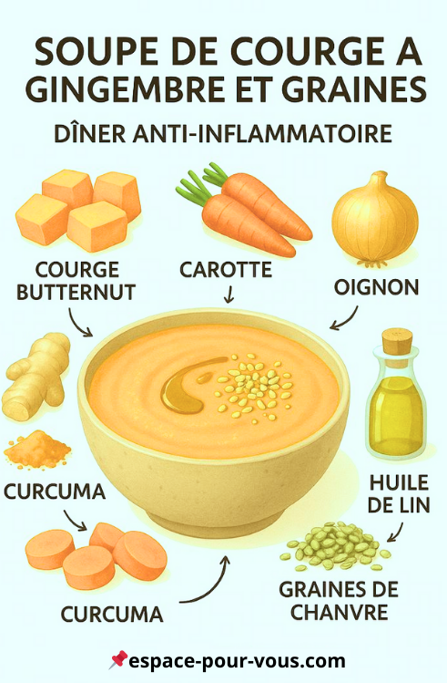 Soupe de courge au gingembre et graines : un dîner anti-inflammatoire