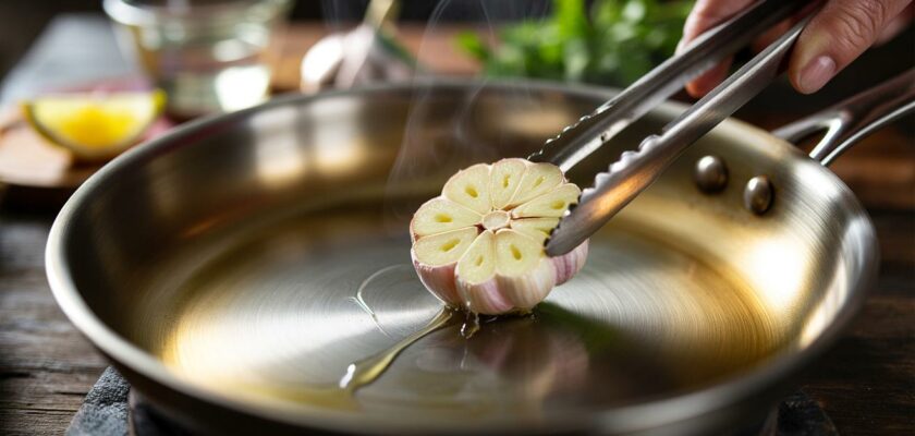 Frotter une gousse d’ail sur une poêle chaude
