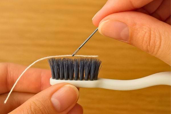 Enfiler une aiguille avec brosse à dents