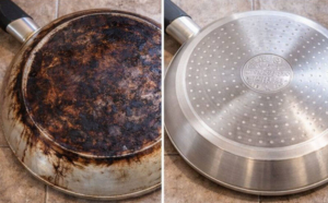 le fond brûlé d’une poêle