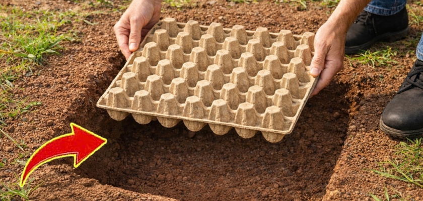 Laissez tomber le vieux plateau à œufs dans le trou