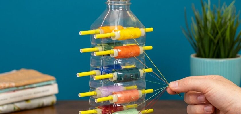 Rangement des bobines de fil avec une bouteille plastique