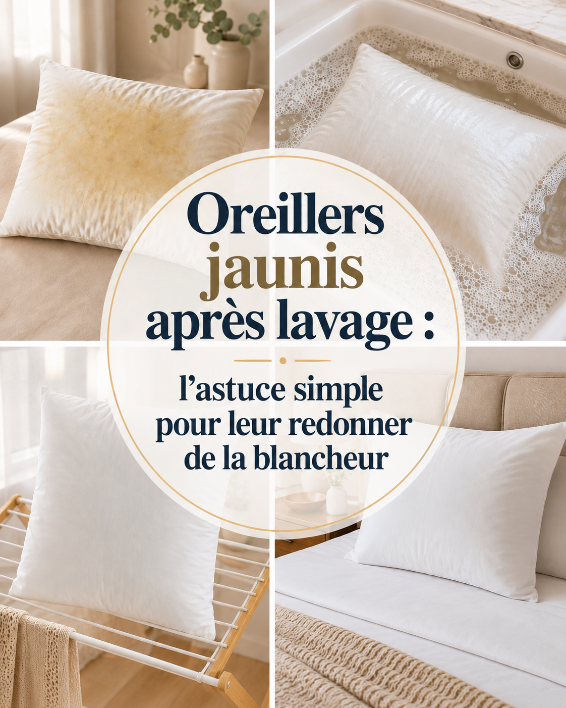 Un oreiller peut ressortir propre de la machine tout en conservant des auréoles jaunes peu esthétiques. Ces traces proviennent souvent de la transpiration, de l’humidité et des résidus qui se sont progressivement installés dans les fibres.

Avant de remplacer vos oreillers, une méthode simple peut aider à raviver leur blancheur. Elle repose sur le percarbonate de sodium, à condition que la matière et les indications figurant sur l’étiquette permettent son utilisation.

Pourquoi les oreillers restent-ils jaunes après le lavage ?

Un simple cycle en machine ne suffit pas toujours à faire disparaître les anciennes taches. Avec le temps, la transpiration, le sébum, la salive ou encore certains produits appliqués sur les cheveux et le visage peuvent pénétrer profondément dans le tissu. Une fois sèches, ces traces prennent progressivement une couleur jaune ou beige. C’est pourquoi un oreiller peut sembler parfaitement propre tout en gardant une teinte terne après le lavage.

L’astuce simple pour retrouver des oreillers plus blancs

Pour les oreillers blancs compatibles avec ce type d’entretien, le percarbonate de sodium constitue une solution intéressante. Au contact d’une eau chaude, il libère de l’oxygène actif qui aide à détacher et à raviver les textiles blancs. Il est particulièrement utile contre les auréoles organiques qui résistent à une lessive classique.

Comment utiliser le percarbonate de sodium ?

Commencez toujours par consulter l’étiquette de votre oreiller. Si le lavage à l’eau chaude et l’utilisation d’un agent blanchissant oxygéné sont autorisés, vous pouvez préparer un prélavage avant le passage en machine.

- Remplissez une bassine avec suffisamment d’eau chaude pour immerger l’oreiller.

- Ajoutez du percarbonate de sodium en respectant le dosage indiqué sur l’emballage.

- Mélangez soigneusement avant de plonger l’oreiller dans l’eau.

- Laissez agir environ une heure.

- Placez ensuite l’oreiller dans la machine et lancez le programme recommandé sur son étiquette.

Pour un oreiller très marqué, ce prélavage permet au produit d’agir directement sur les zones jaunies avant le cycle habituel. Il est inutile de multiplier les produits : une méthode simple et correctement dosée est généralement préférable à plusieurs mélanges ménagers.

La température de l’eau joue un rôle important

Le percarbonate est surtout intéressant lorsqu’il est utilisé avec une eau suffisamment chaude. Une température d’environ 40 °C ou davantage favorise son action, mais uniquement lorsque le textile et le garnissage le permettent. Il ne faut donc jamais choisir une température élevée simplement pour obtenir davantage de blancheur sans vérifier auparavant les recommandations du fabricant.

Certains oreillers synthétiques supportent bien le lavage en machine, tandis que les modèles plus délicats nécessitent un entretien différent. Respecter l’étiquette permet d’éviter un garnissage déformé, des fibres abîmées ou un oreiller devenu inconfortable après séchage.

Tous les oreillers ne peuvent pas être blanchis de la même manière

Cette astuce ne doit pas être appliquée automatiquement à tous les modèles. Les oreillers en mousse à mémoire de forme, ainsi que certains garnissages délicats ou contenant des fibres animales, peuvent mal supporter le trempage, la chaleur ou le percarbonate. Dans ce cas, il est préférable de suivre strictement les instructions du fabricant.

Évitez également d’expérimenter des mélanges de plusieurs produits blanchissants. En particulier, n’associez jamais de l’eau de Javel à d’autres produits ménagers comme le vinaigre. Pour entretenir la literie, mieux vaut utiliser un seul produit adapté, respecter son dosage et effectuer un rinçage soigneux.

Le séchage, une étape à ne surtout pas négliger

Une fois l’oreiller lavé, le séchage complet est indispensable. L’humidité qui reste enfermée dans le garnissage peut favoriser les mauvaises odeurs et détériorer le confort de l’oreiller. Si l’étiquette le permet, utilisez le sèche-linge à température modérée. Sinon, laissez sécher l’oreiller dans un endroit bien ventilé et retournez-le régulièrement.

Lorsqu’un séchage à l’air libre est possible, une exposition raisonnable à la lumière du soleil peut également contribuer à donner un aspect plus lumineux au textile blanc. Avant de remettre la taie, vérifiez toujours que le centre de l’oreiller est parfaitement sec et pas seulement sa surface.

Comment éviter que les oreillers jaunissent trop rapidement ?

Une fois la blancheur retrouvée, quelques habitudes simples permettent de limiter le retour des auréoles. Le plus efficace consiste à empêcher autant que possible la transpiration et les résidus corporels de pénétrer directement dans l’oreiller.

- Utilisez un protège-oreiller lavable sous la taie.

- Changez régulièrement les taies d’oreiller.

- Aérez la chambre et la literie chaque jour lorsque cela est possible.

- Évitez de vous coucher avec les cheveux encore très humides.

- Lavez le protège-oreiller régulièrement avant que les taches ne s’incrustent.

- Nettoyez l’oreiller en respectant toujours les recommandations de son fabricant.

Le protège-oreiller est particulièrement pratique : il absorbe une grande partie de l’humidité et des résidus avant qu’ils n’atteignent le garnissage. Comme il est beaucoup plus facile à laver qu’un oreiller entier, son utilisation peut aussi aider à conserver la literie en bon état plus longtemps.

Conclusion

Vos oreillers restent jaunes même après lavage