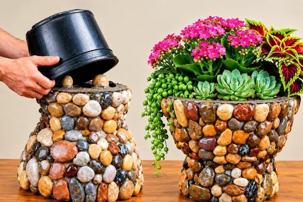 cache-pot en galets et ciment