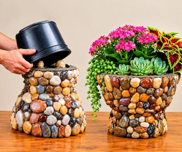 cache-pot en galets et ciment