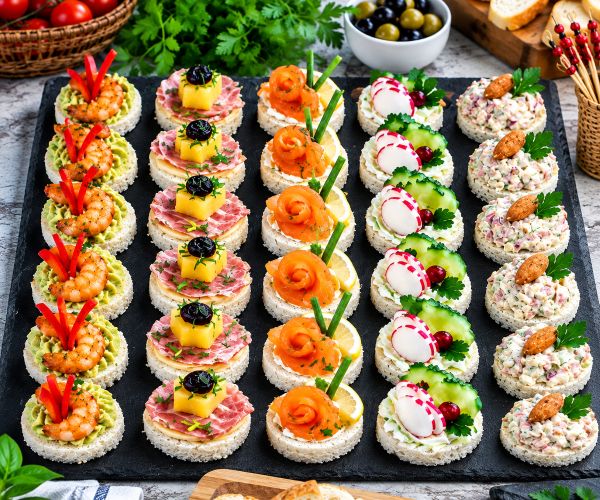 mini-canapés variés sur base de pain de mie pour l'apéritif