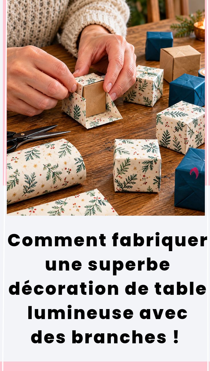 décoration de table avec branches petits paquets et lumières