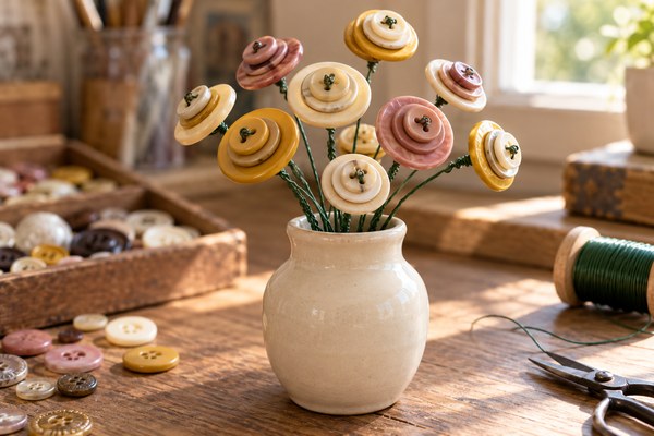 Bouquet de fleurs en boutons superposés sur des tiges métalliques dans un vase.
