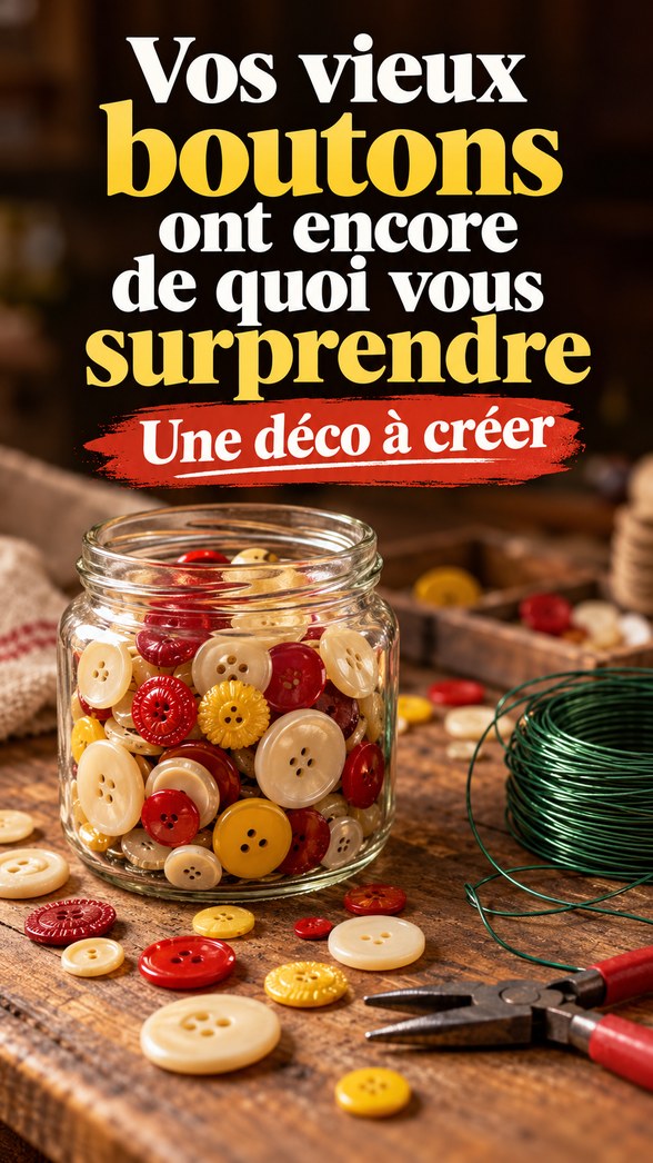 Vieux boutons et matériel pour fabriquer une décoration florale.