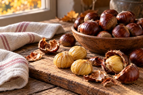 Châtaignes entières et épluchées sur une table en bois