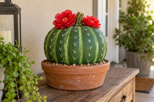Courge peinte en cactus dans un pot en terre cuite, avec des fleurs rouges