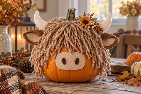 Courge décorée en vache avec une frange de laine et un museau en feutrine
