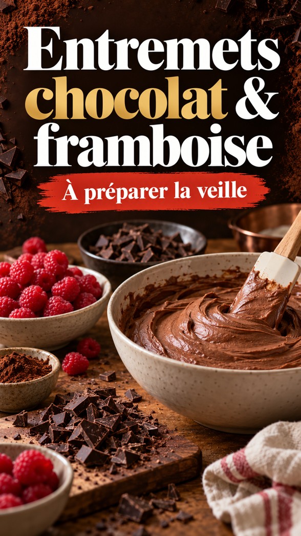 Mousse au chocolat, framboises et chocolat haché pour préparer un entremets