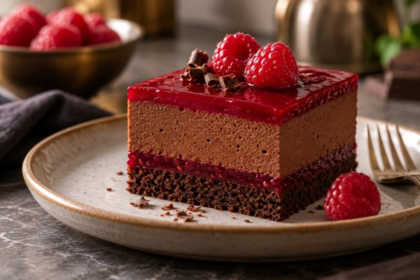 Part d’entremets au chocolat noir et à la framboise, avec biscuit et mousse