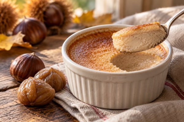 Flan aux châtaignes en ramequin et cuillerée de dessert