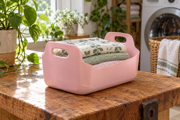 Petit panier rose avec deux poignées découpées dans les parois
