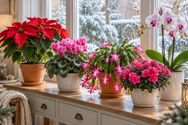 Poinsettia, cyclamen, cactus de Noël, azalée et orchidée fleuris dans une maison en hiver.