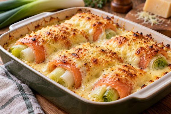 Roulés de poireaux au saumon gratinés à la béchamel