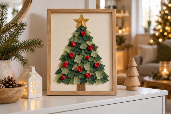 Sapin fait de carrés de papier de soie vert dans un cadre en bois