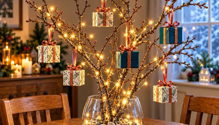 décoration de table avec branches petits paquets et lumières