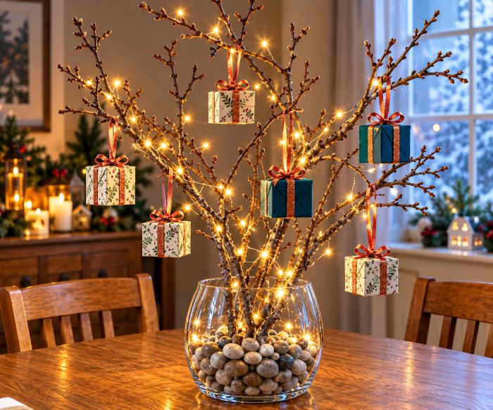 décoration de table avec branches petits paquets et lumières
